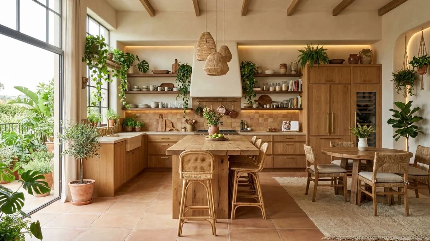 Cocina mediterránea con vigas de madera, muebles de roble y plantas colgantes