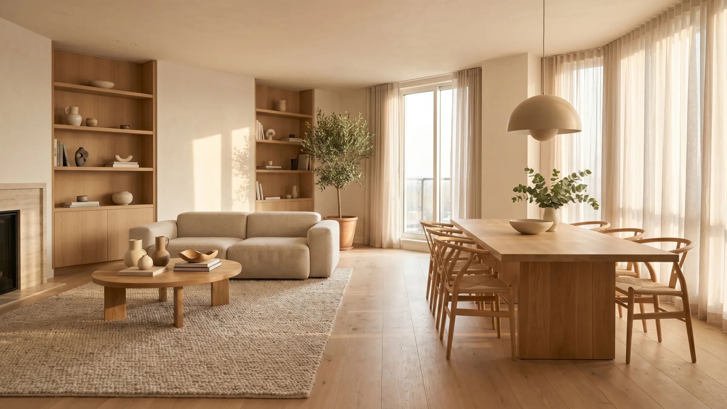 Sala y comedor residencial en tonos cálidos con madera clara, textiles suaves y luz natural
