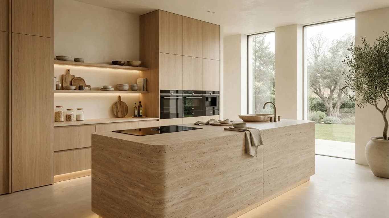 Cocina renovada con isla de travertino, roble claro y luz natural